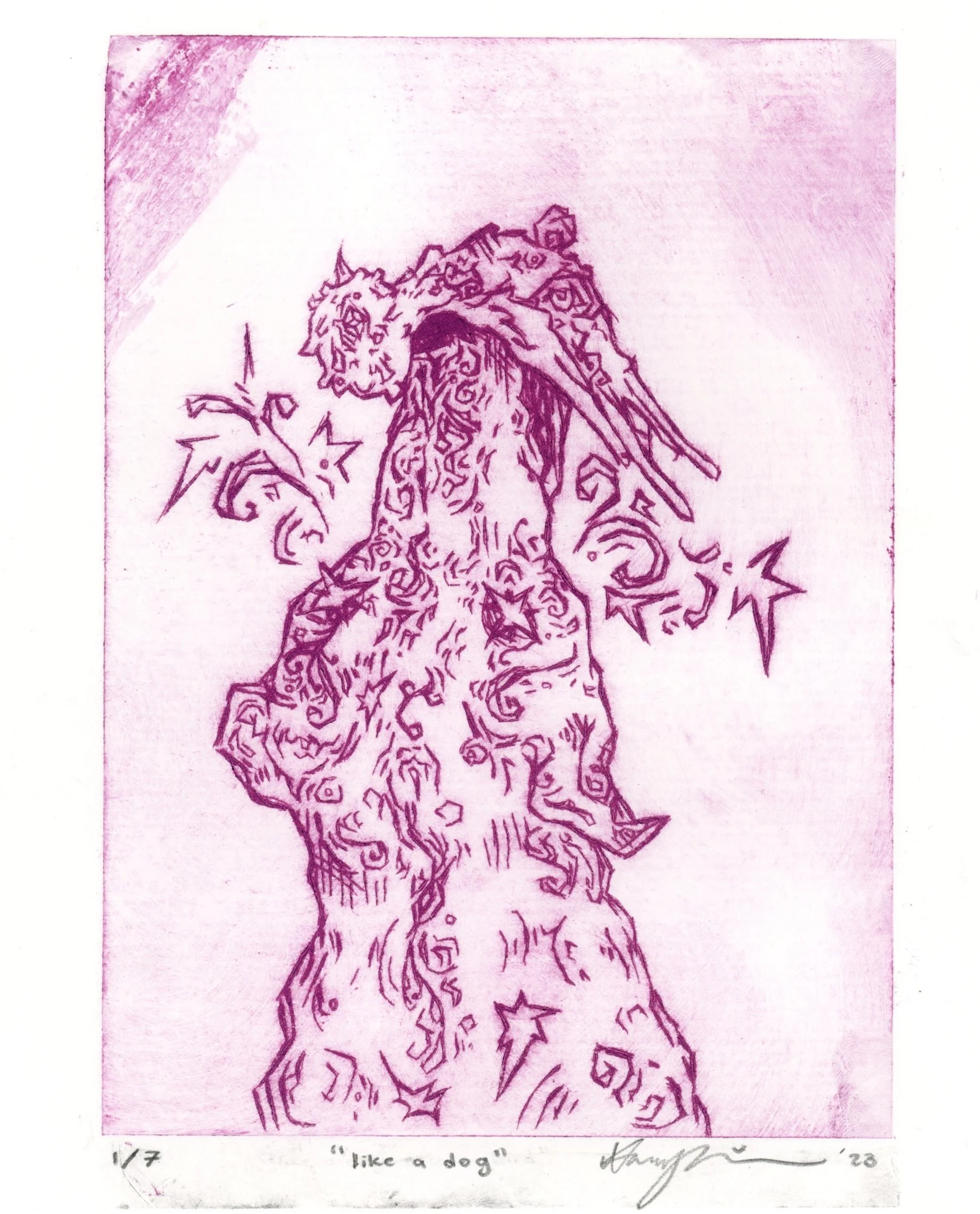 Like a Dog (2023) 7.5" x 11"  Etched Plate Relief Print 