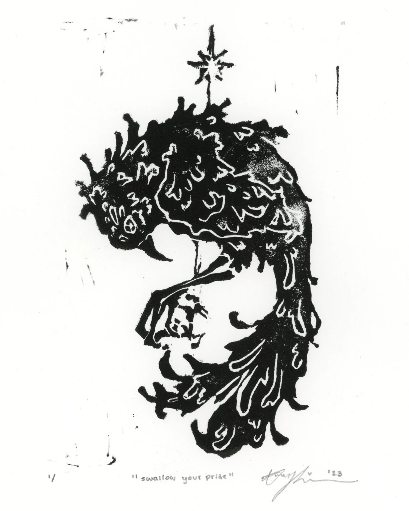 Swallow Your Pride (2023)
6" x 9"
Relief Print/Ink on Paper 
