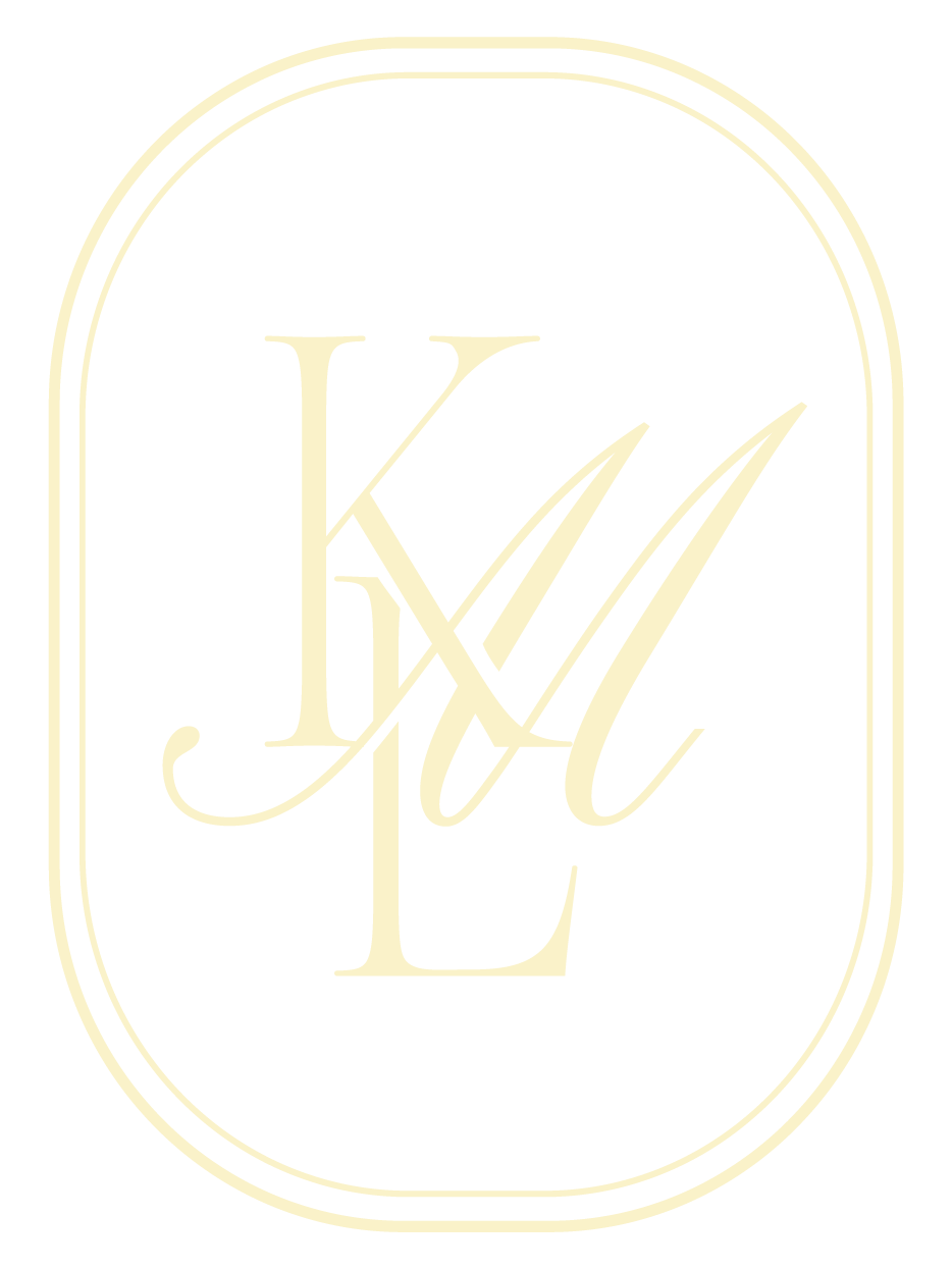 A black background with a beige oval outline containing stylized initials 'L', 'E', and 'M' in an elegant script font.