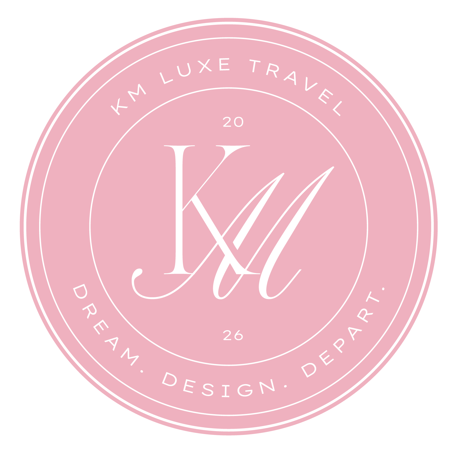 A pink circular logo with white text and design elements. The center features large stylized initials "L" and "W" intertwined. Surrounding the initials are the words "KM LUXE TRAVEL" at the top and "DREAM. DESIGN. DEVELOP." at the bottom. Inside the circle, the numbers "20" and "26" are positioned above and below the initials.