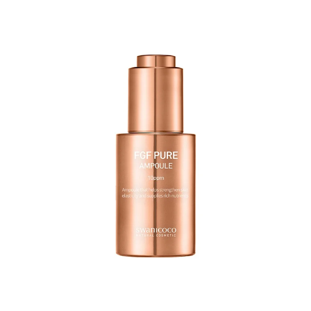 A rose gold cosmetic bottle labeled 'FGF PURE Ampoule' with SPF 10. The bottle has a pump dispenser and white text.