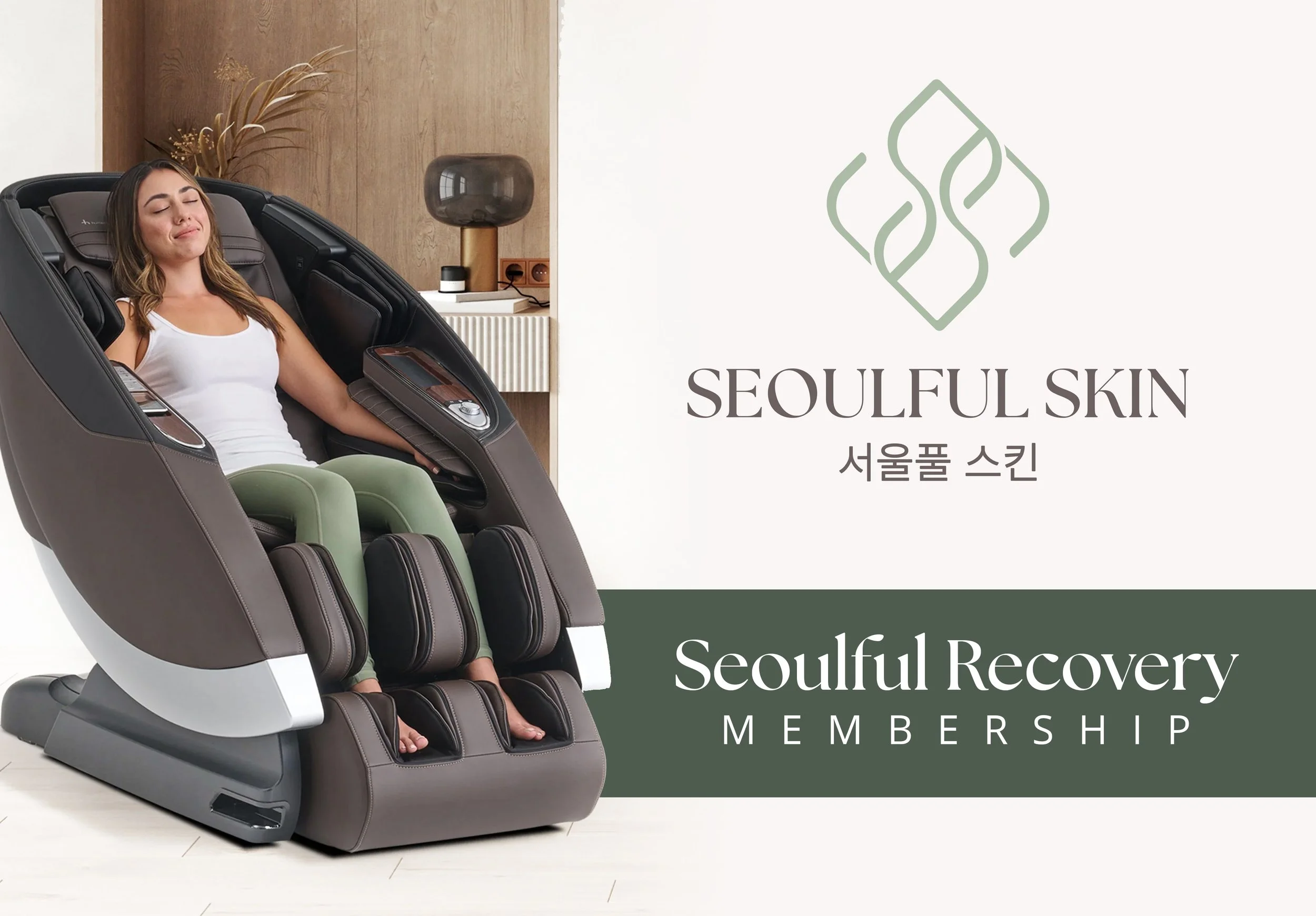 A woman sitting in a massage chair with eyes closed, in a room with a wooden wall, decorative plant, and a table with a lamp and an electrical outlet. The image features text about 'Seoulful Skin' and 'Seoulful Recovery Membership'.