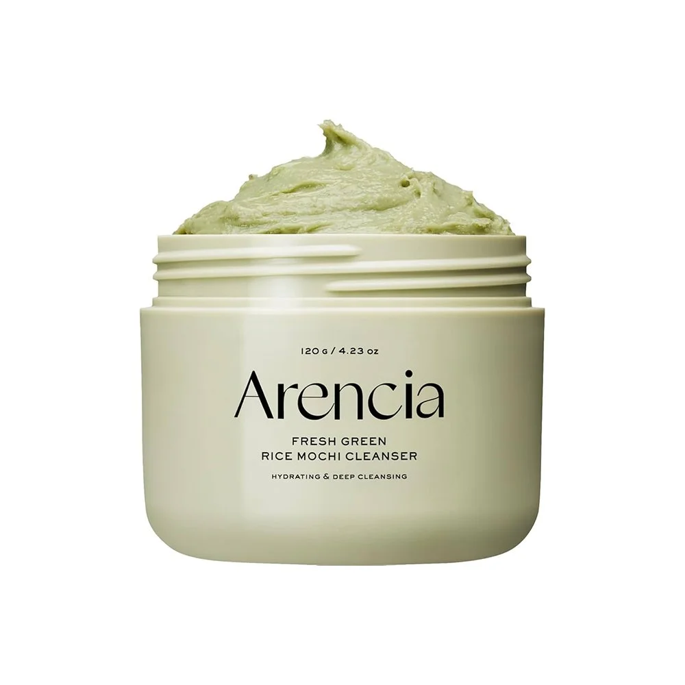 A jar of Arencia Fresh Green Rice Mochi Cleanser with green-colored cream visible inside.