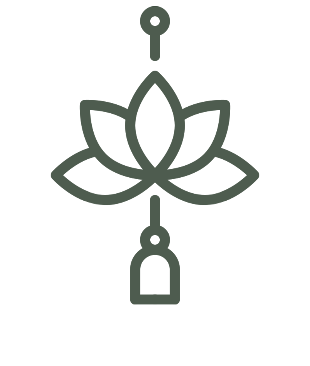 Line drawing of a lotus flower with a dropper at the top and bottom, symbolizing essential oils or natural remedies.