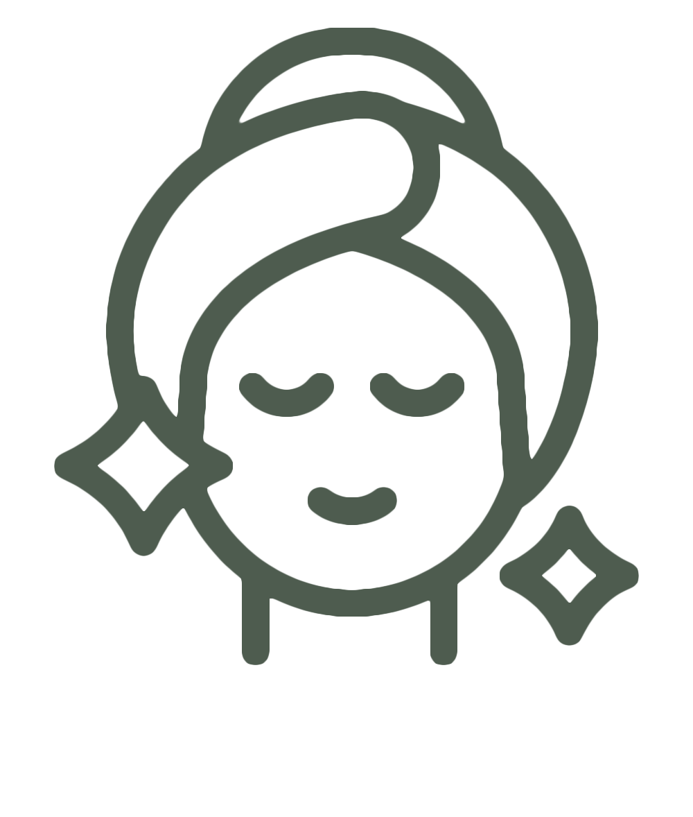 Line drawing of a person with a towel wrapped around their head, eyes closed, and a content expression, with sparkles nearby.