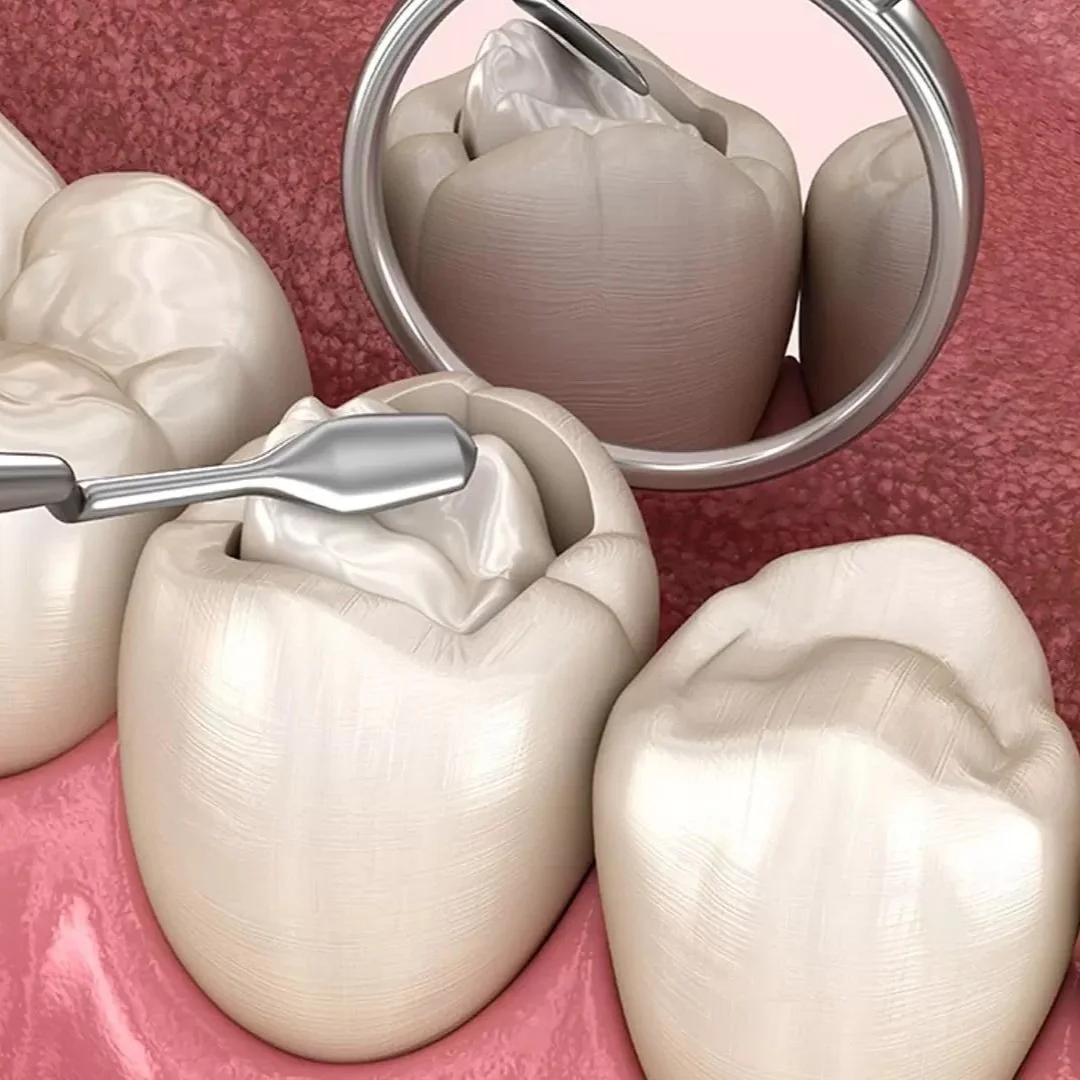 3D illustration of a dental filling procedure using composite resin material on a molar tooth, with dental tools and a mirror for precision.