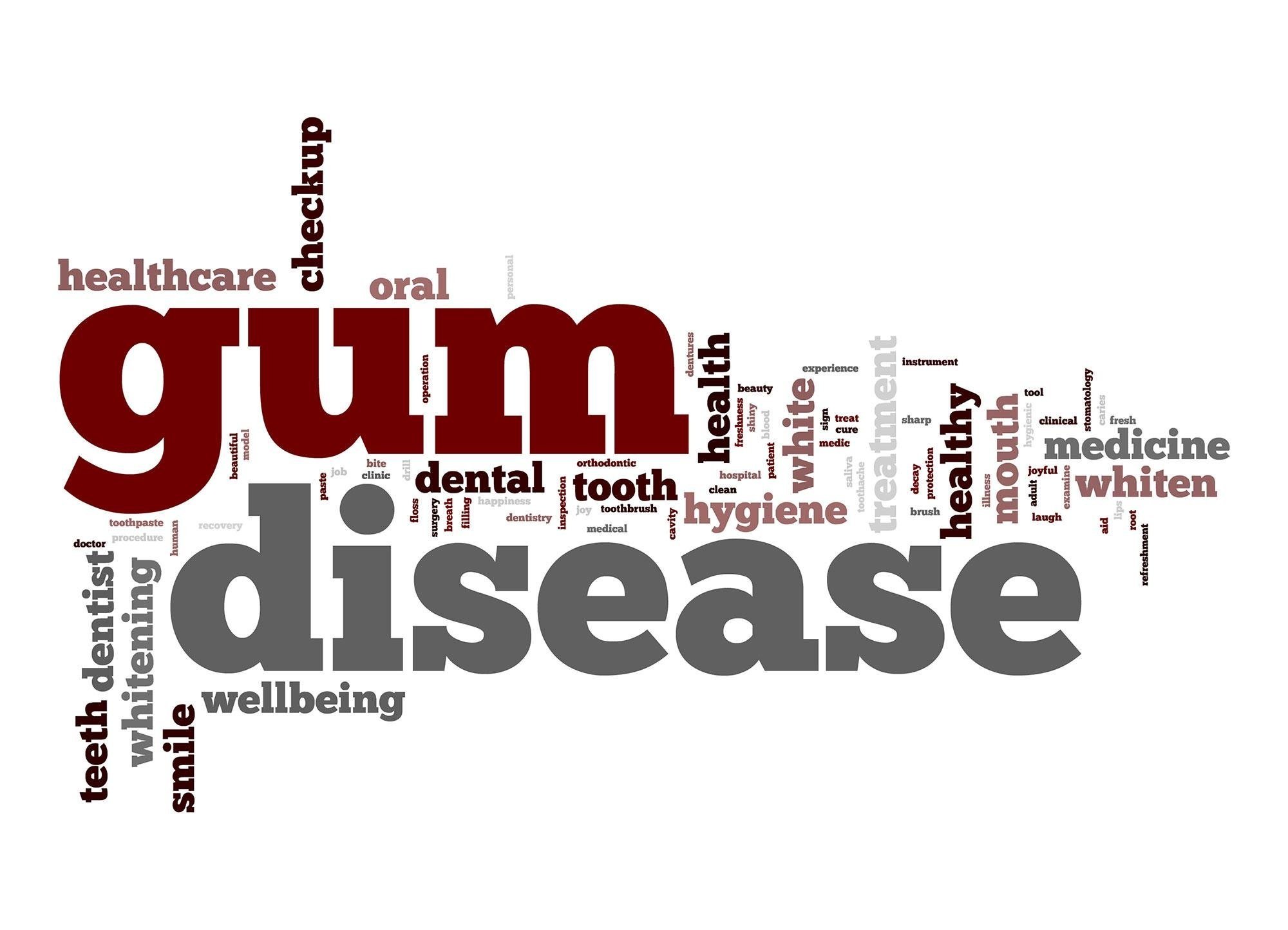 Word cloud featuring terms related to gum disease, with large words like "gum," "disease," "dental," "health," and "hygiene" in various sizes and colors.