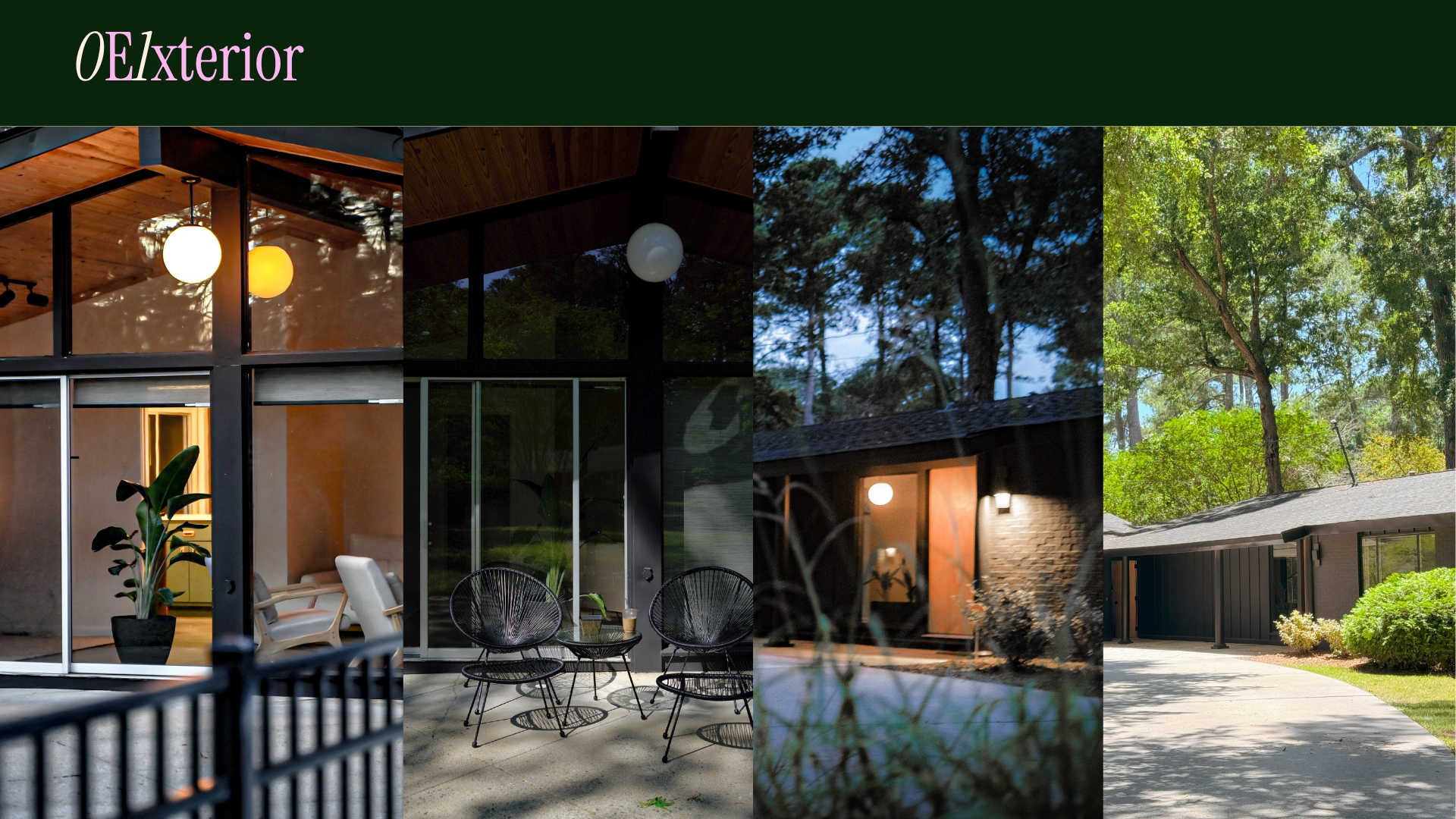 Exterior of The Meadows: floor-to-ceiling glass walls, patio seating and the front of the house among tall pines