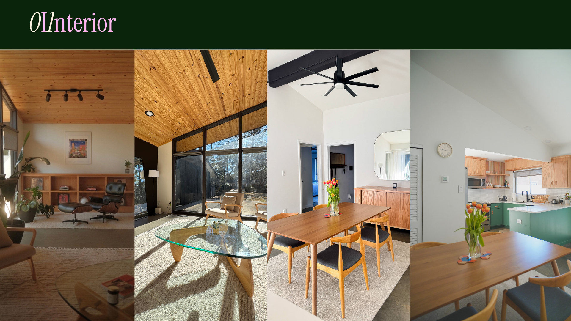 Interior of The Meadows: living room with wood ceilings and glass walls, dining room and kitchen