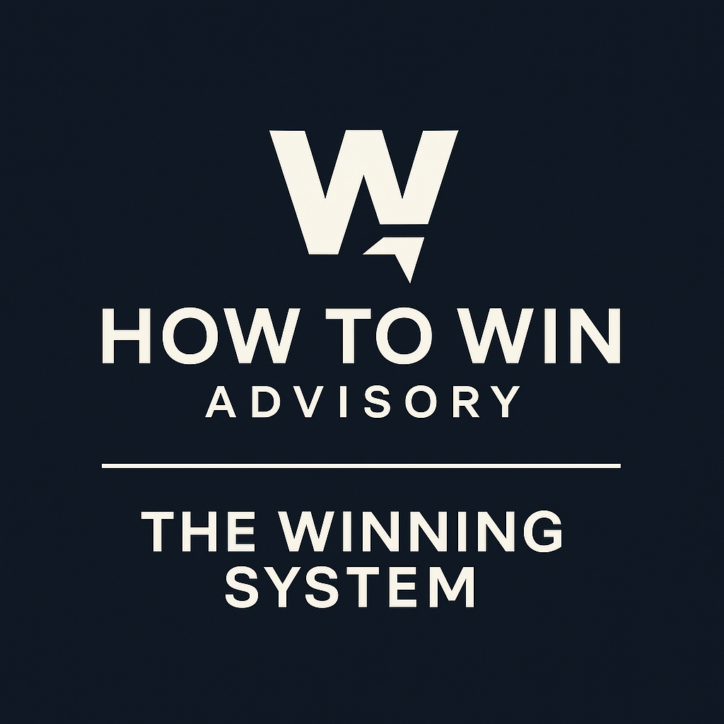 Book cover titled "How to Win Advisory: The Winning System" with a dark background and white text.