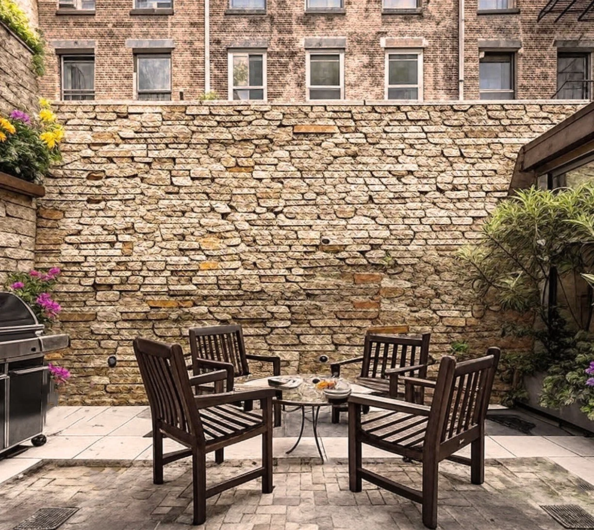 A cozy outdoor patio with four wooden chairs around a small round table, set against a stone brick wall with potted plants, flowers, and a grill on the left at 152 Reade Street in Tribeca.