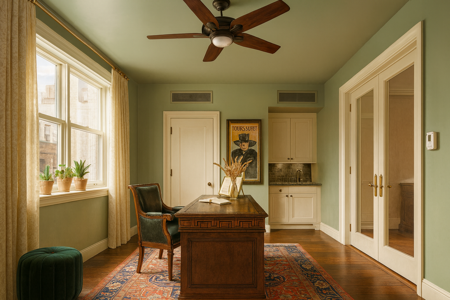 An office with a wooden desk, green walls, a large window with curtains, potted plants, and framed artwork featuring a person in a hat and a sign reading “TOURS SURET” at 152 Reade Street in Tribeca.