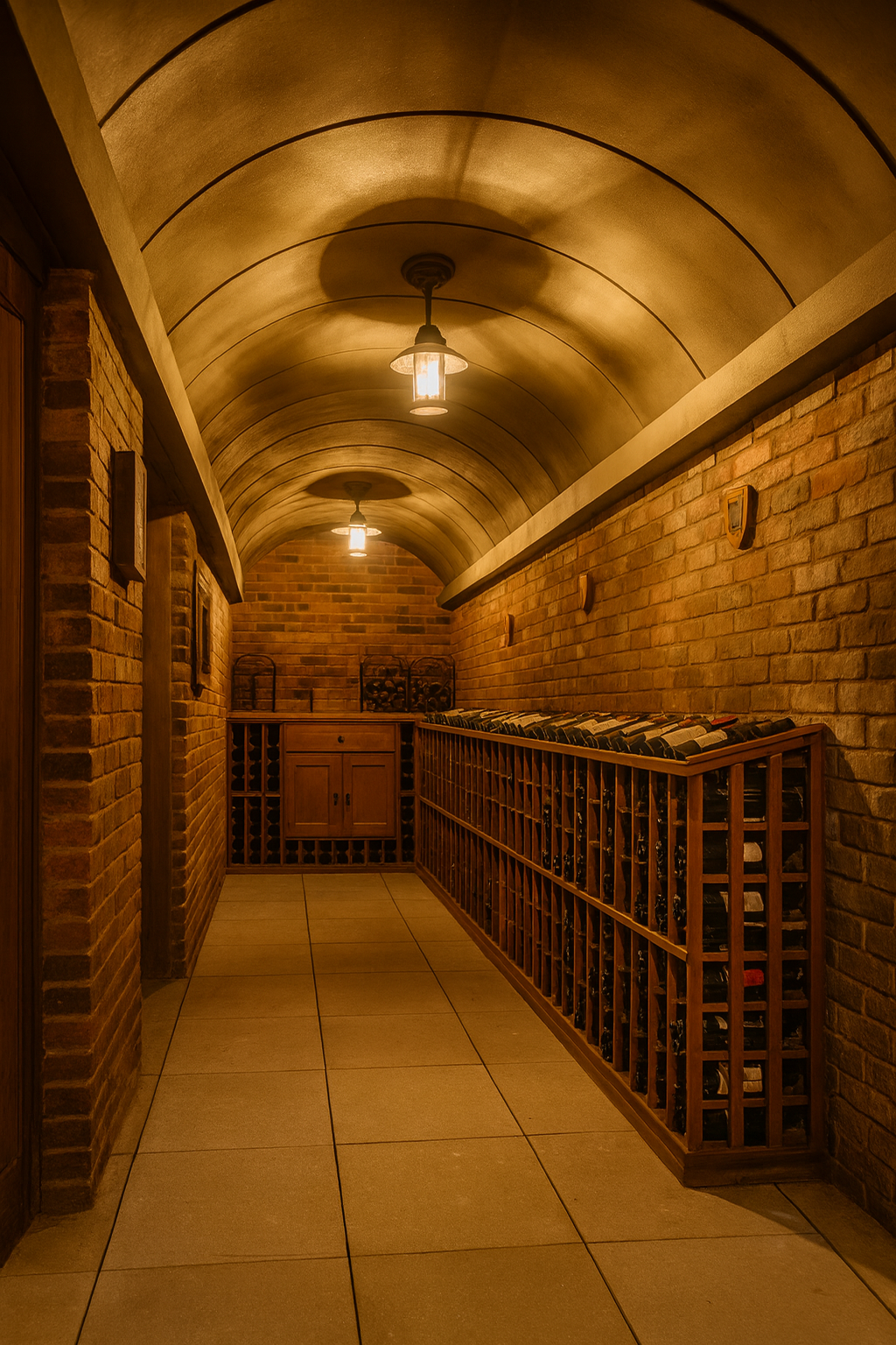 Wine cellar with brick walls, tiled floor, built-in wine racks, and ceiling-mounted lights at 152 Reade Street in Tribeca.