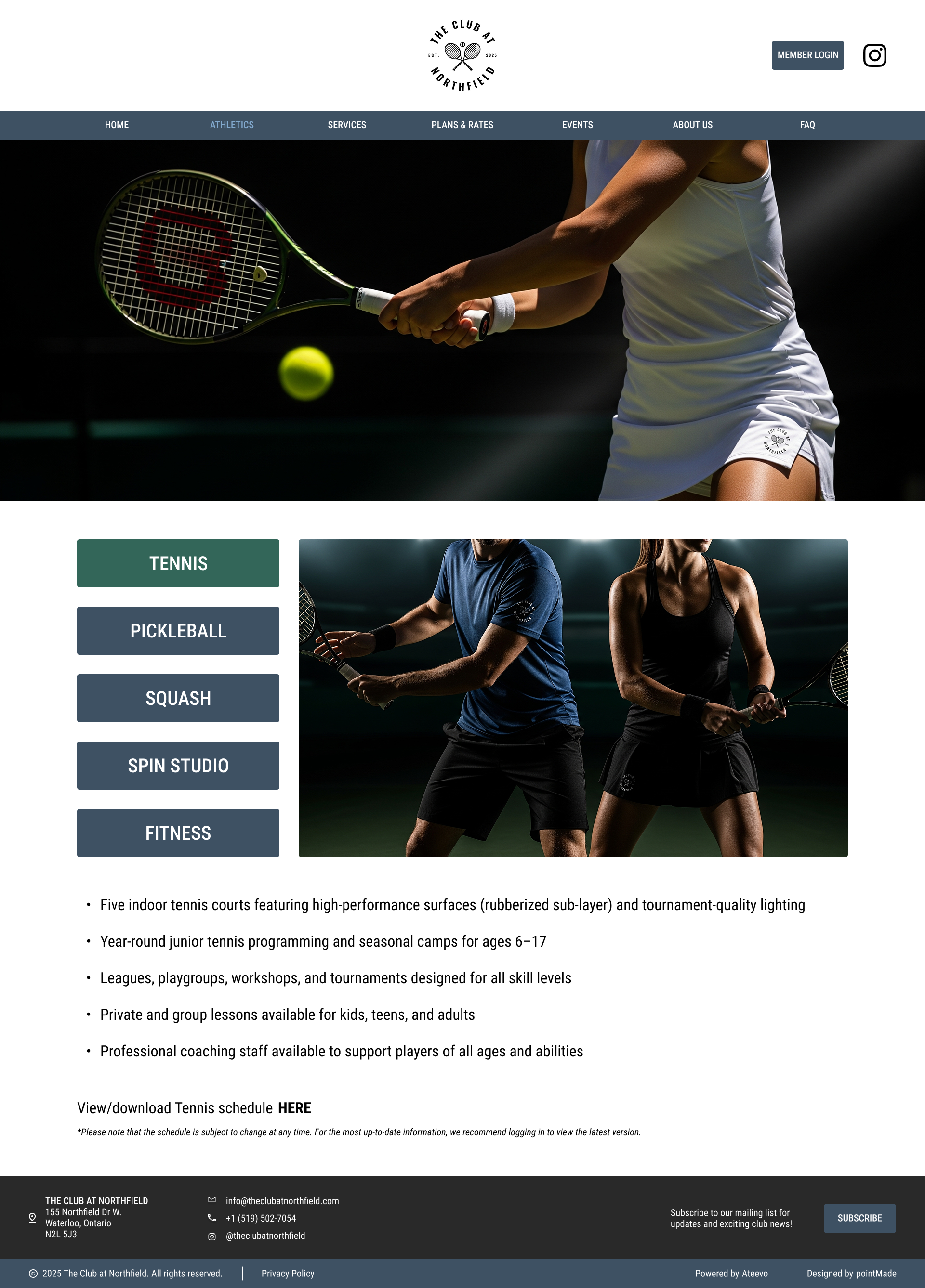 Homepage of The Club at Northfield website featuring images of people playing tennis with a menu for different sports and activities.