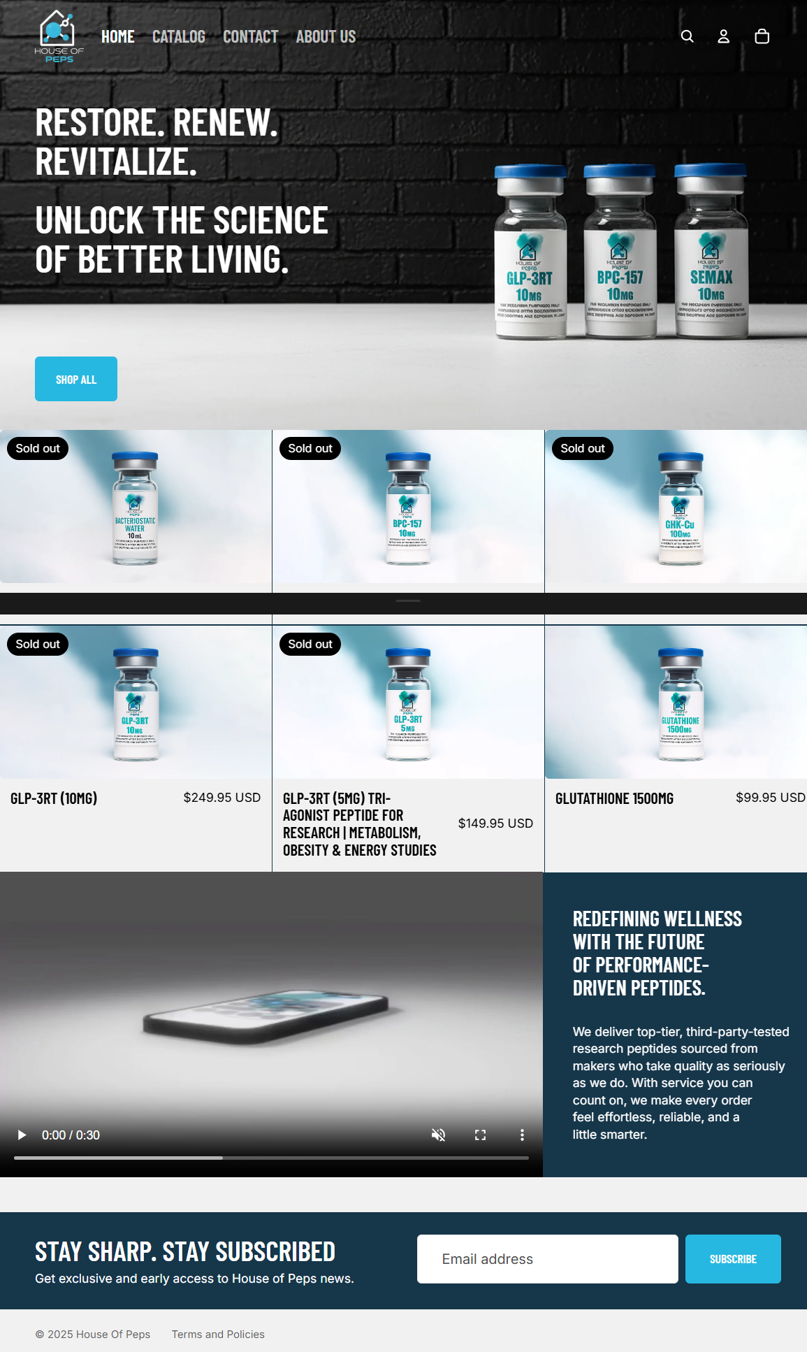 Website homepage for House of Peps featuring research peptides and related products. Banners display peptide vials with blue caps labeled with product names and dosages, such as GLP-3RT 10mg and Glutathione 1500mg. Featured sections include product d