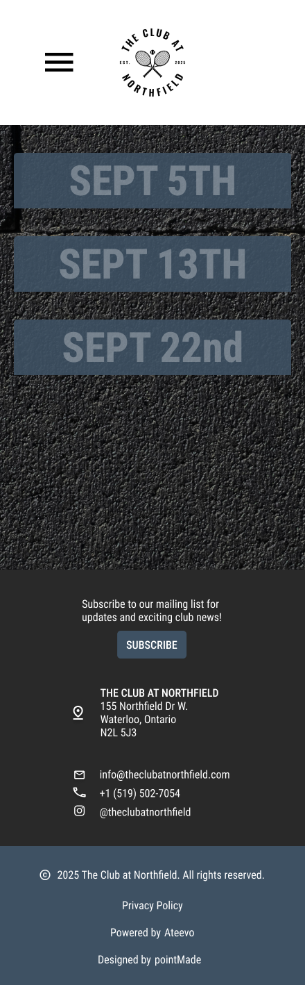 A mobile website for The Club at Northfield displays upcoming event dates in September, including the 5th, 13th, and 22nd, with contact and location information below.
