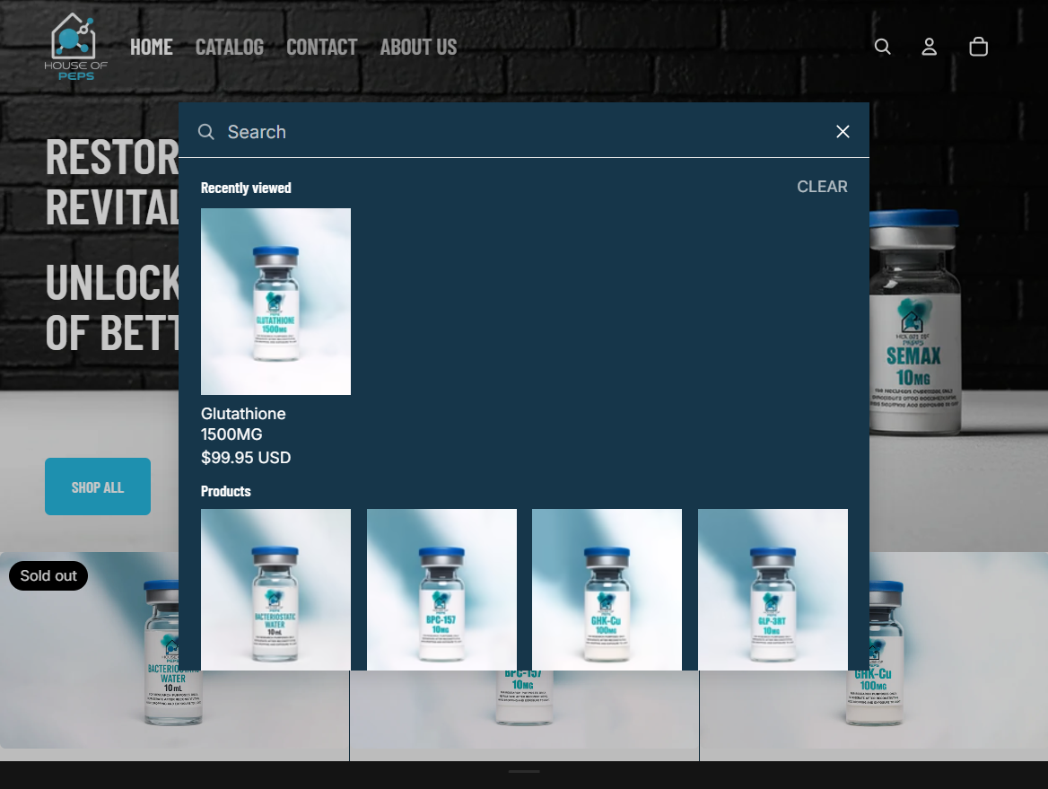 Screenshot of a website for House of Peps, showing a pop-up window with images of vials of supplements or medications, including Glutathione 1500MG priced at $99.95 USD.