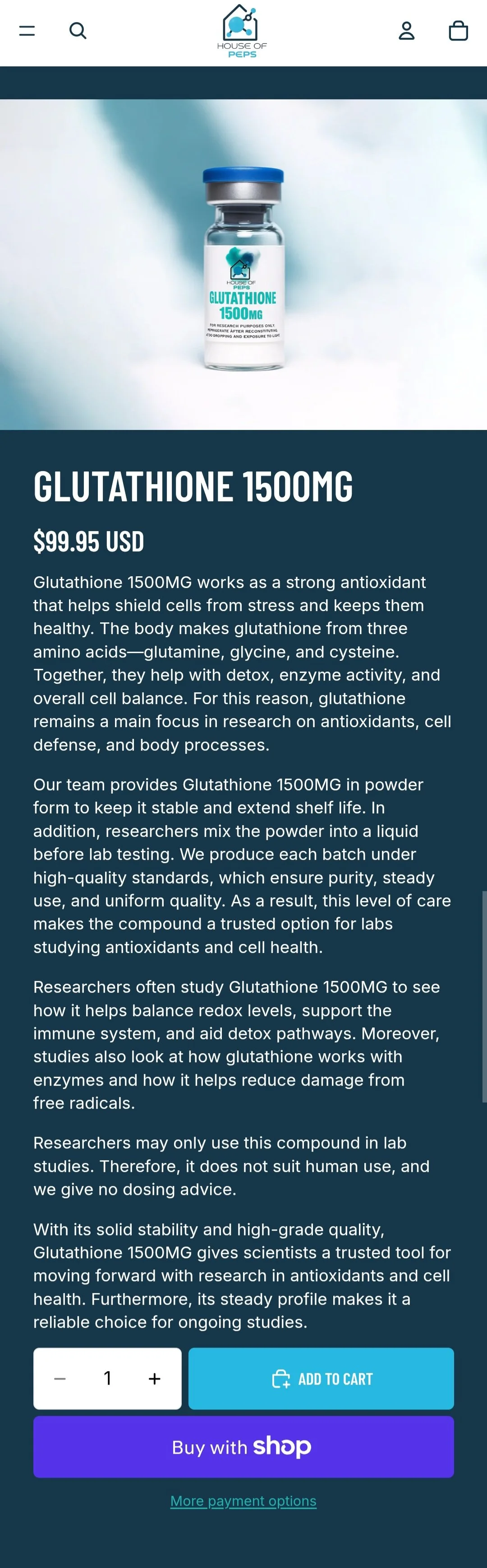 Photograph of a vial labeled "Glutathione 1500mg" from the House of Peps, with descriptive text about glutathione benefits and research, along with an add-to-cart button and purchase options.