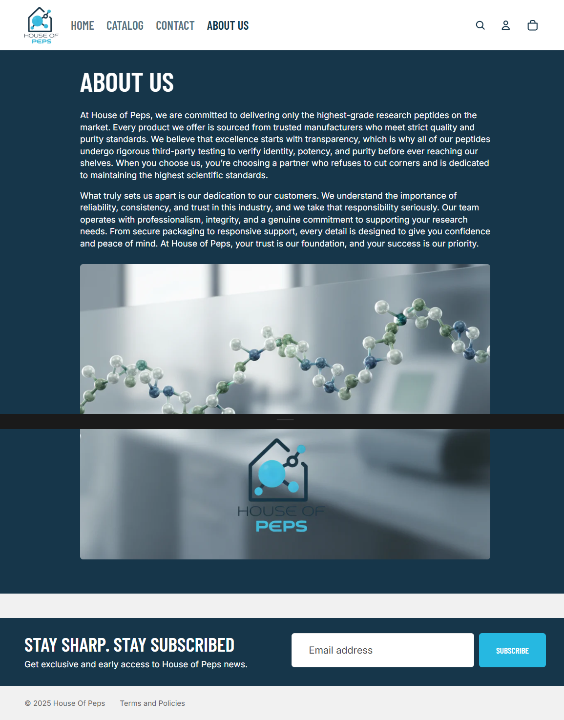 Website of House of Peps featuring an 'About Us' section with a molecular model and logo, including navigation menu and subscription box.