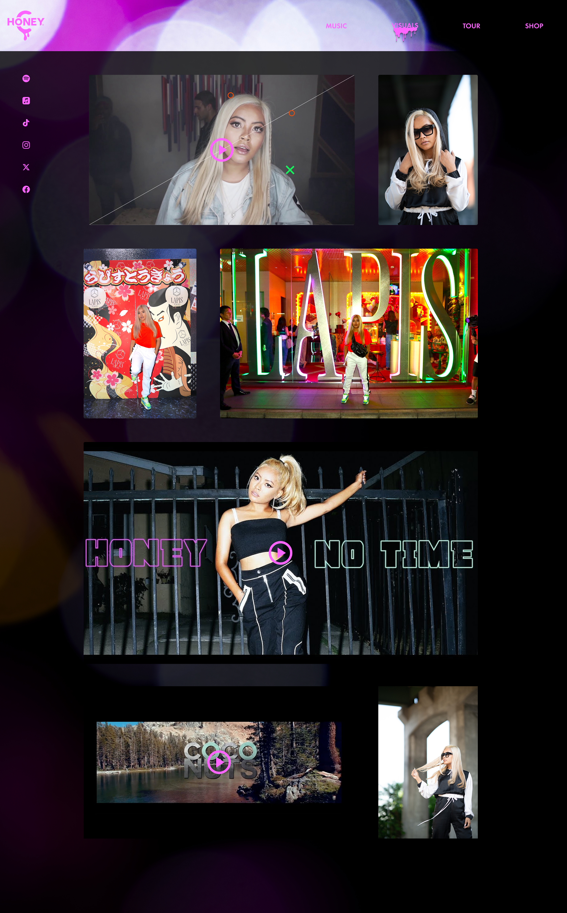 Collage of photos featuring a young woman with blonde hair in various settings, including urban environments, a neon-lit shop at night spelling 'LADIS', and scenic outdoor locations, often with playful or stylish poses.