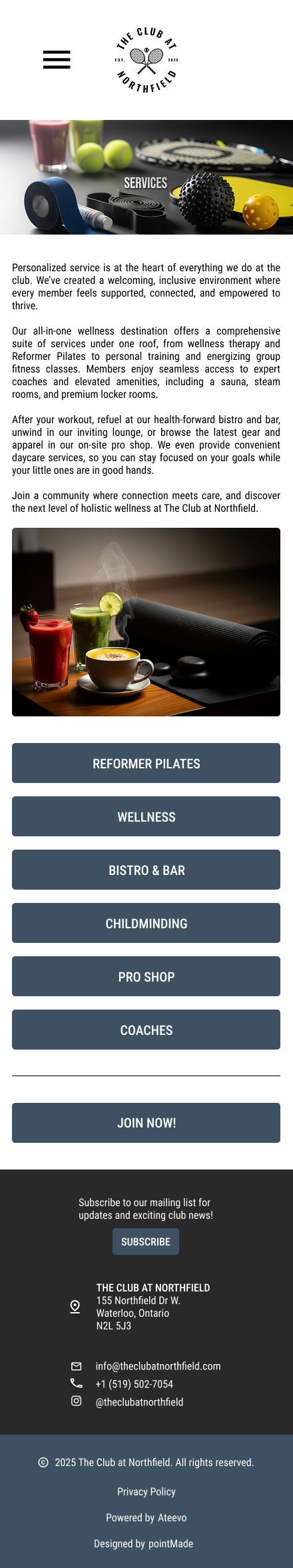 A webpage featuring wellness and fitness services, with images of tennis rackets, balls, meditation tools, and beverages.