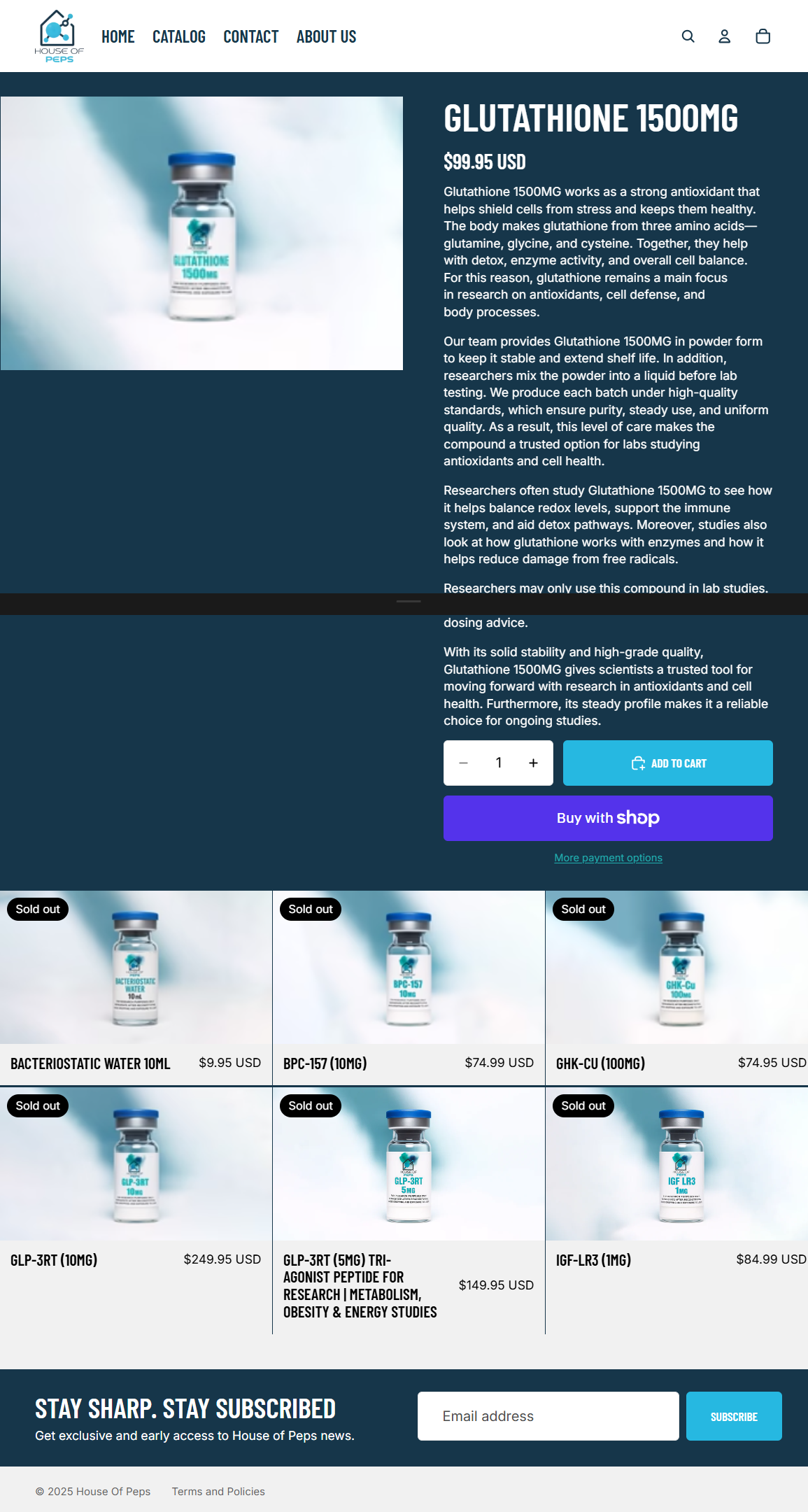 Website for House of Peps featuring a product page for Glutathione 1500MG supplement, with an image of a small vial labeled 'Glutathione 1500MG' and a list of other products including bacteriostatic water, BPC-157, GHK-Cu, GLP-3RT, and IGF-LR3, some 