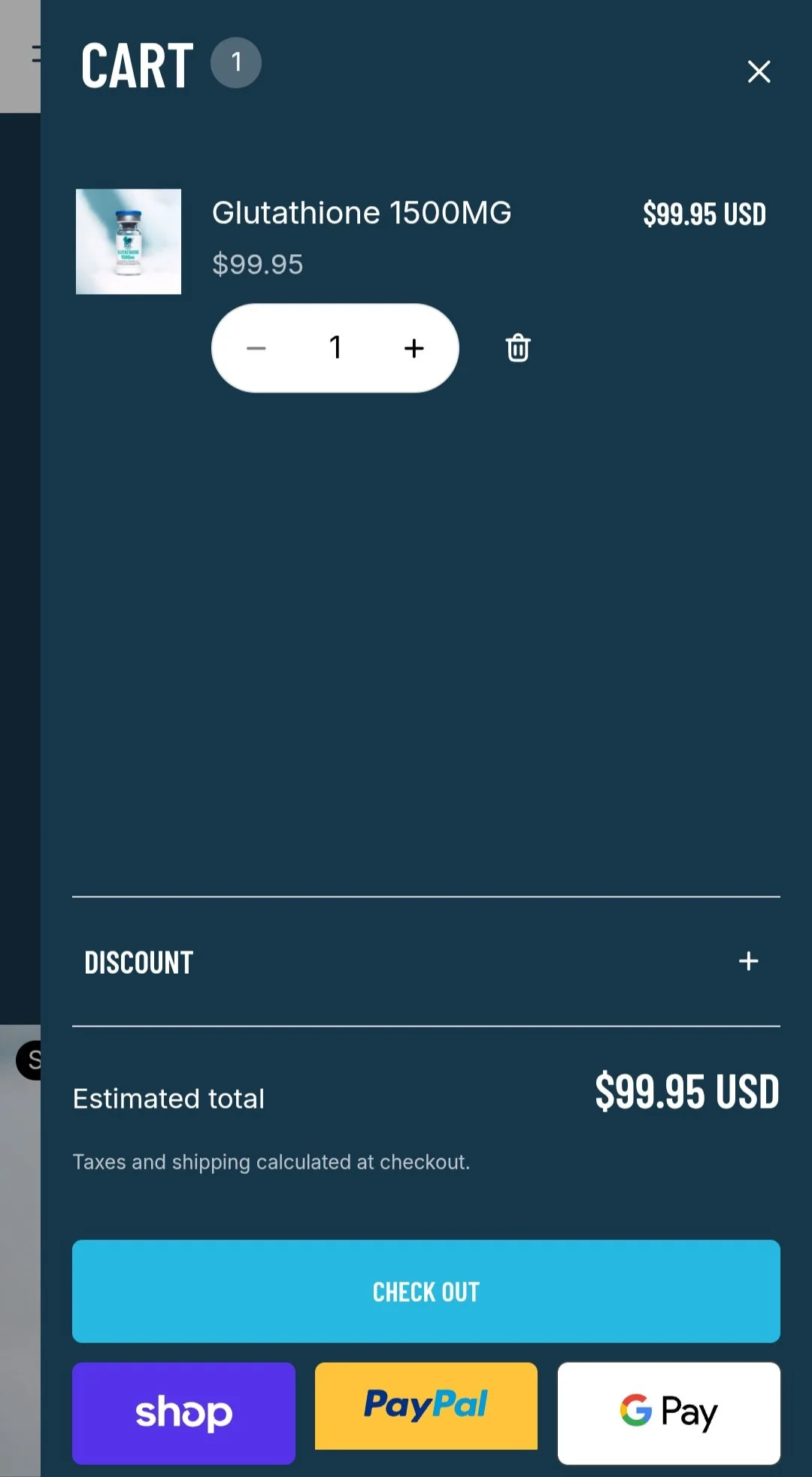 Online shopping cart showing one bottle of Glutathione 1500MG priced at $99.95. The cart total is $99.95 USD with options to checkout via shop, PayPal, or Google Pay.