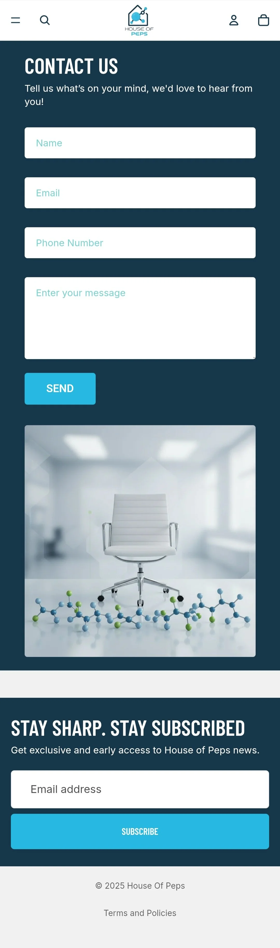 Screenshot of a website contact page for House of Peps with a contact form, an office chair image, and a subscription section to stay updated.