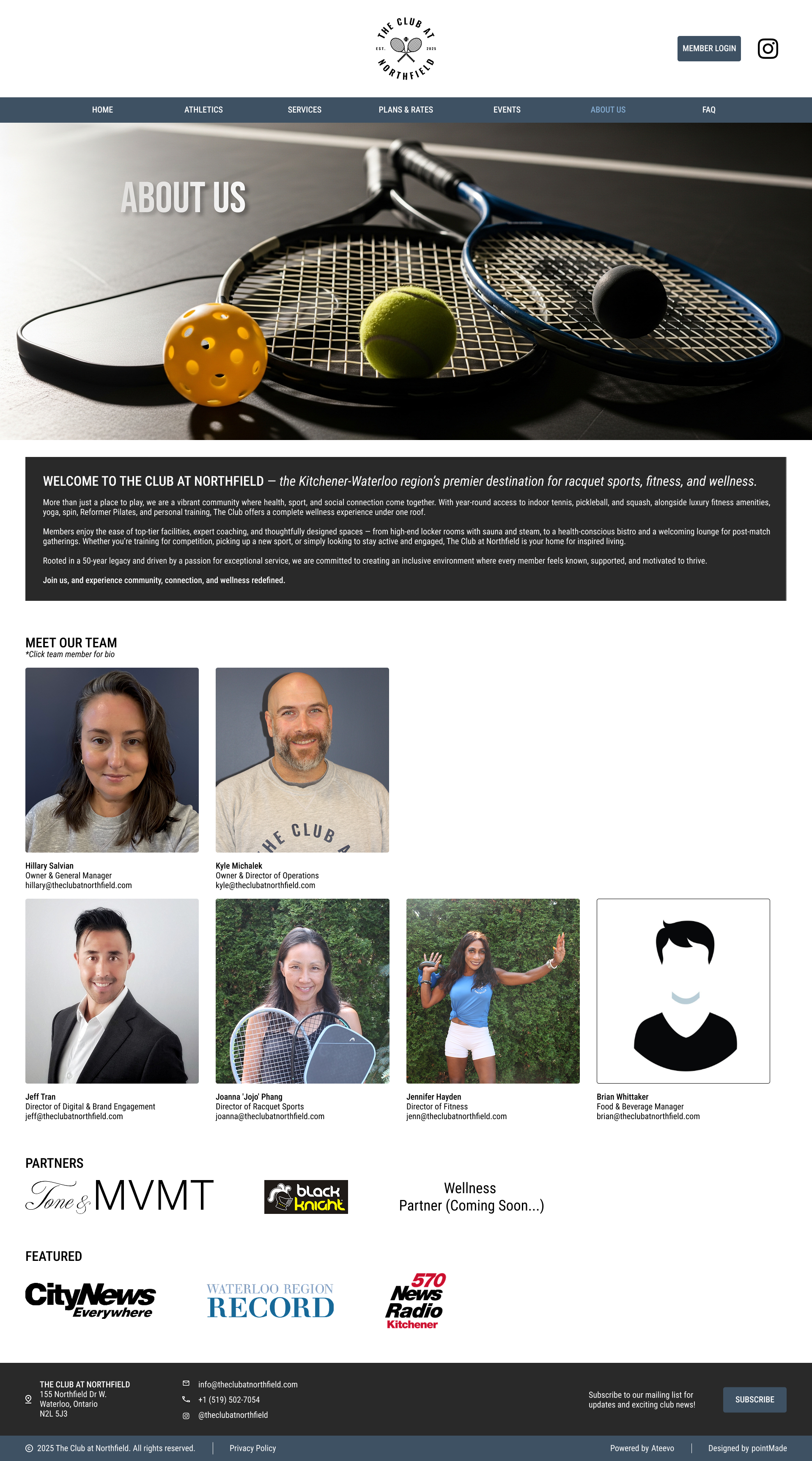 Screenshot of a website homepage for The Club at Northfield, a tennis and fitness club. The top features a logo of crossed tennis rackets and a member login button. The main header shows a photo of tennis rackets, tennis balls, and a paddle. The page