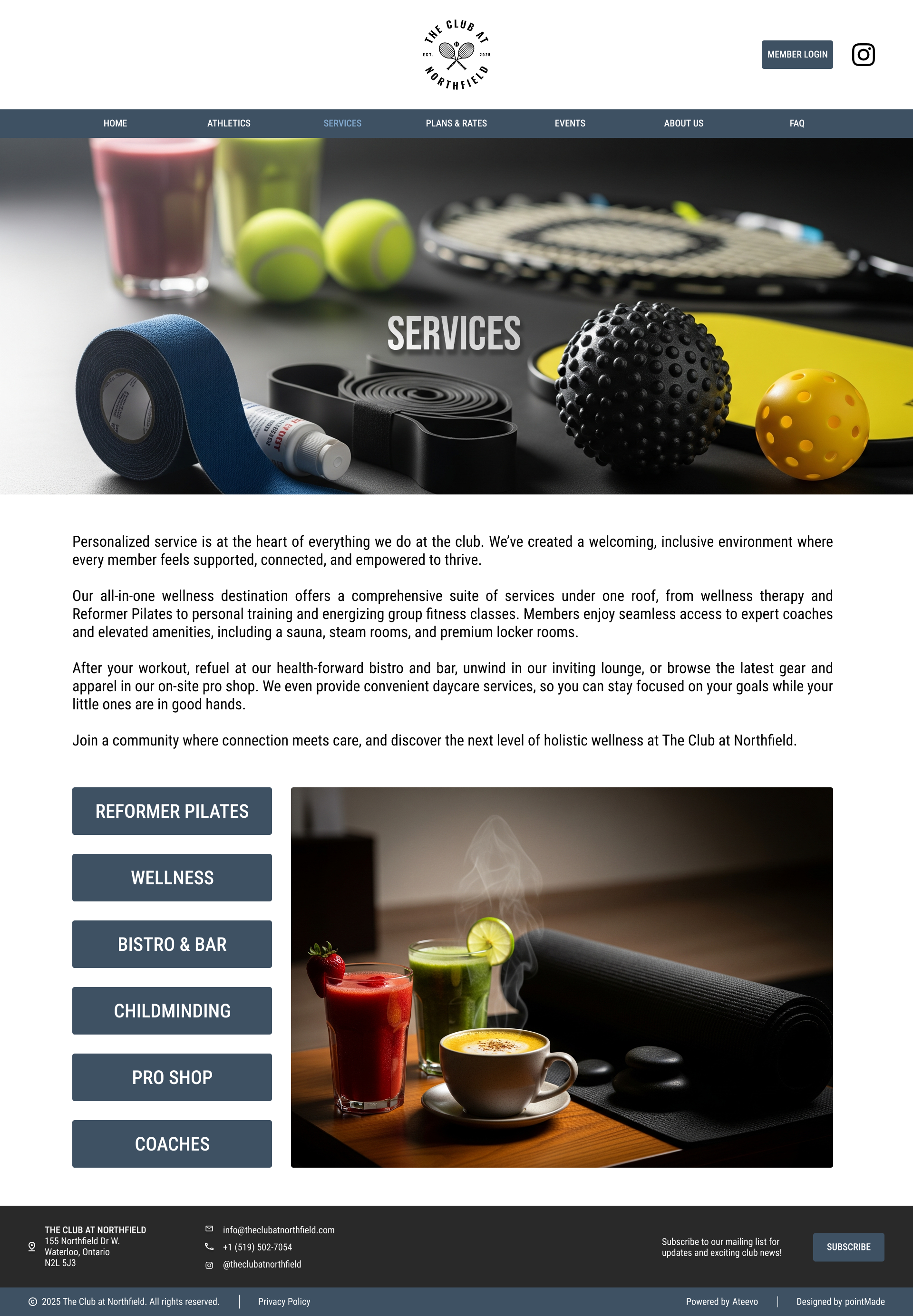 Webpage of The Club at Northfield featuring fitness and wellness services, with images of tennis balls, a racket, foam rollers, and smoothies.