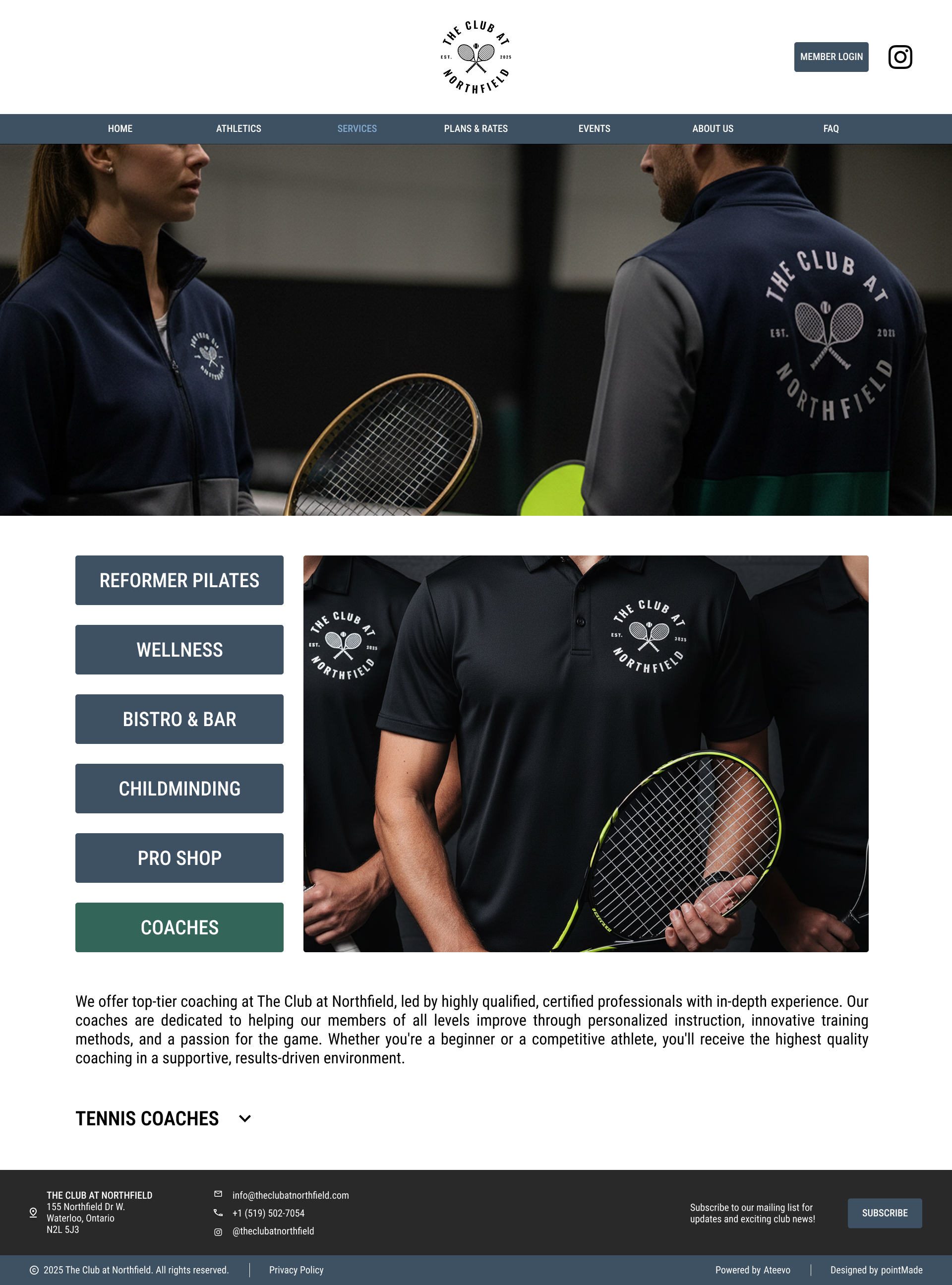 Website homepage of The Club at Northfield, featuring images of tennis players holding rackets, with navigation menu links for Home, Athletics, Services, Plans & Rates, Events, About Us, FAQ, and login options. The page highlights coaching services, 