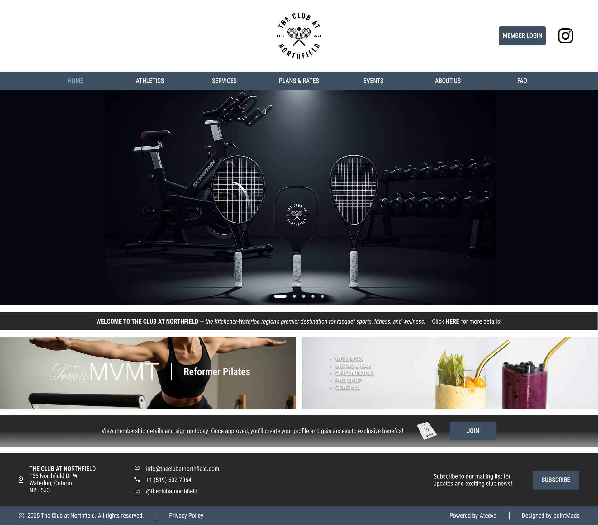 Homepage of The Club at Northfield featuring gym equipment including a stationary bike, tennis rackets, and dumbbells, with menu options for home, athletics, services, plans & rates, events, about us, and FAQ.