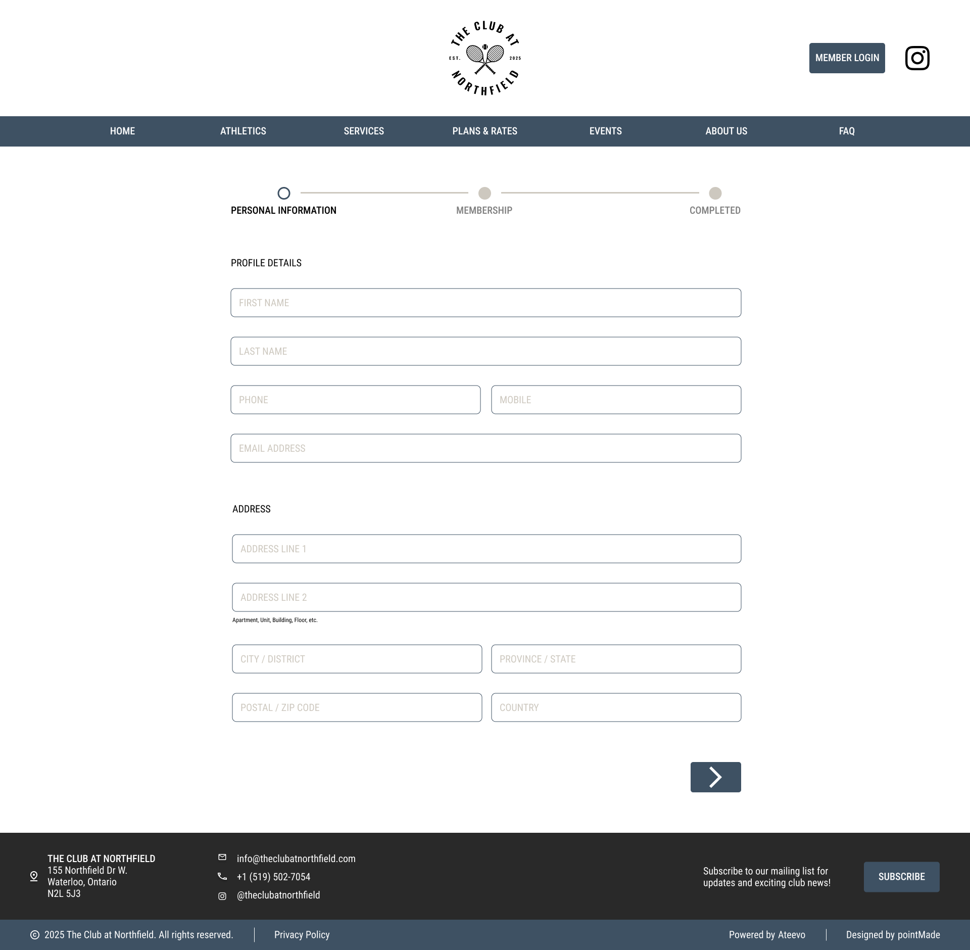Online membership registration form for The Club at Northfield, showing fields for personal information and address details, on a website with navigation menu and contact information at the bottom.