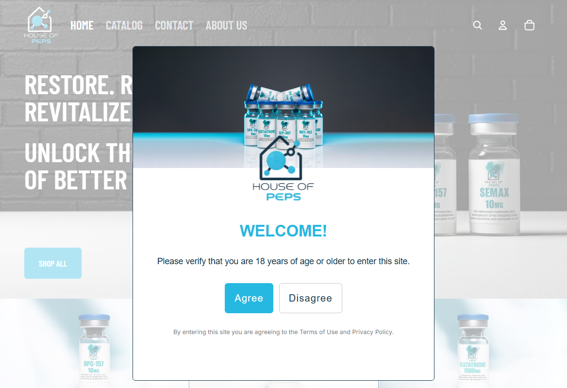Screenshot of a website with a pop-up message. The website appears to sell health or supplement products, with bottles of medications or supplements displayed. The pop-up asks users to verify they are 18 years or older and has 'Agree' and 'Disagree' 