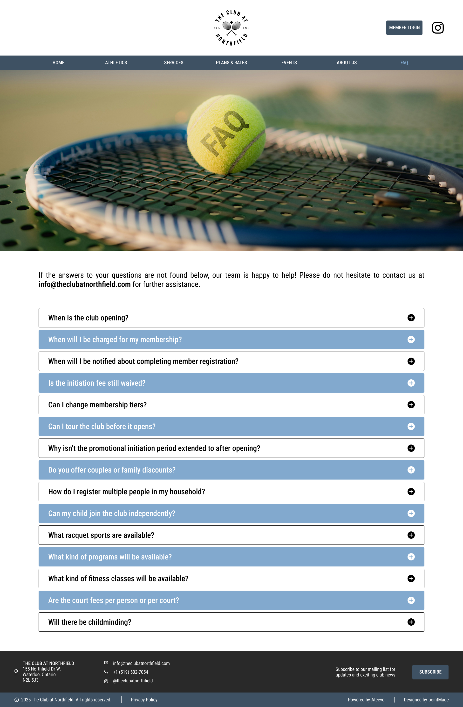 Close-up of a tennis ball labeled 'FAQ' resting on a tennis racket on a green surface, with a blurred background and a website menu bar at the top.