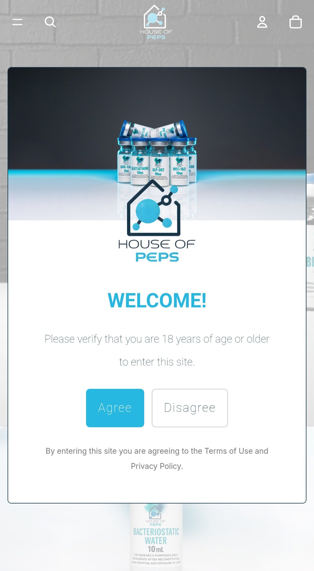 Login screen for House of Peps website with a group of vaccine vial bottles at the top, the House of Peps logo, and a welcome message asking users to verify they are 18 or older with 'Agree' and 'Disagree' buttons.