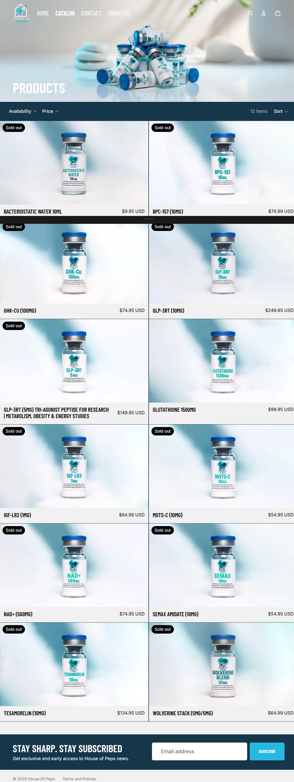 Online store webpage featuring various research peptides and supplements for sale, with several items marked as sold out.