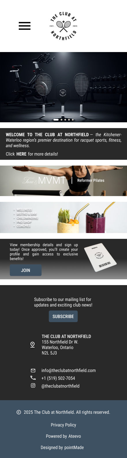 A promotional webpage for The Club at Northfield, featuring fitness equipment, tennis rackets, and smoothies.