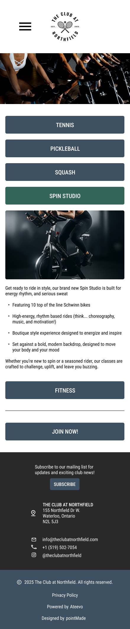 Mobile website homepage for The Club at Northfield, featuring fitness classes including spin studio and other sports like tennis, pickleball, and squash. Contains navigation menu, promotional images of people riding stationary bikes, and contact info