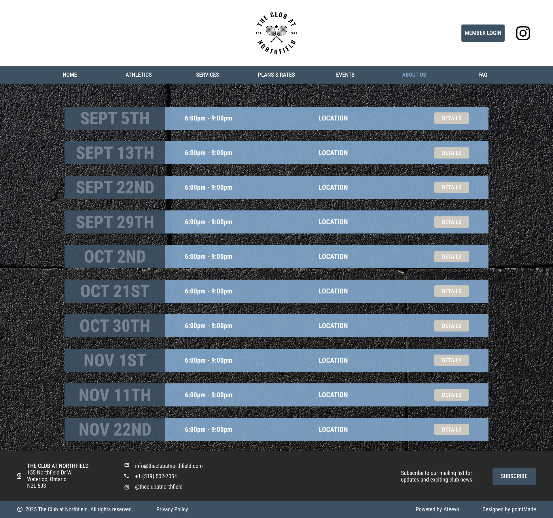 Event schedule page for The Club at Northfield showing dates from September to November with event times from 6:00 pm to 9:00 pm.