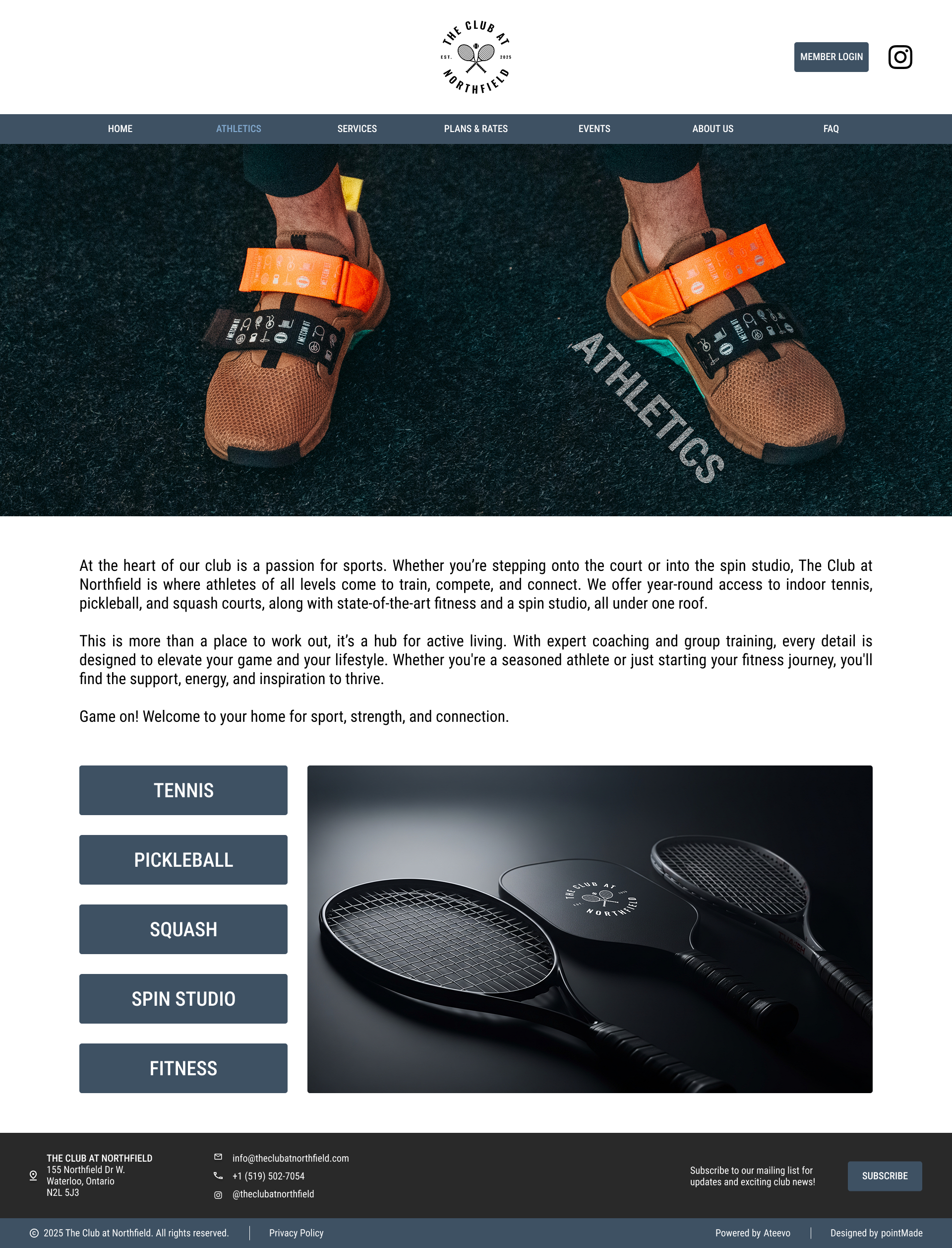 Website homepage for The Club at Northfield, showing a pair of athletic shoes and a rackets, with navigation options for sports and fitness activities.