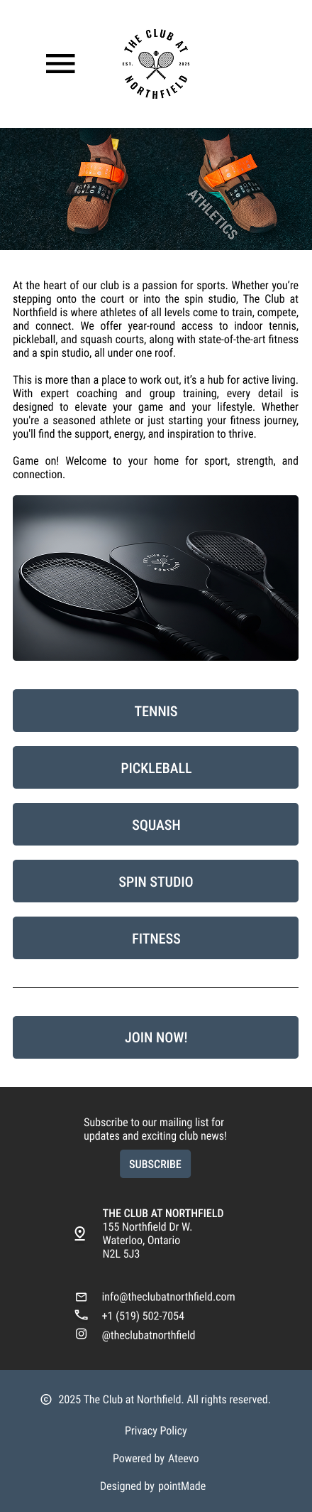 A webpage for The Club at Northfield featuring a photo of a person's legs wearing sports shoes with resistance bands around the ankles. The page includes a description of the club's offerings, a photo of two tennis rackets, and buttons for various sp