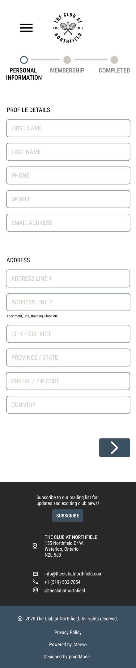 A mobile app screen for The Club at Northfield with sections for personal information, address, and subscription details, featuring a logo with tennis racquets and the club's name at the top.