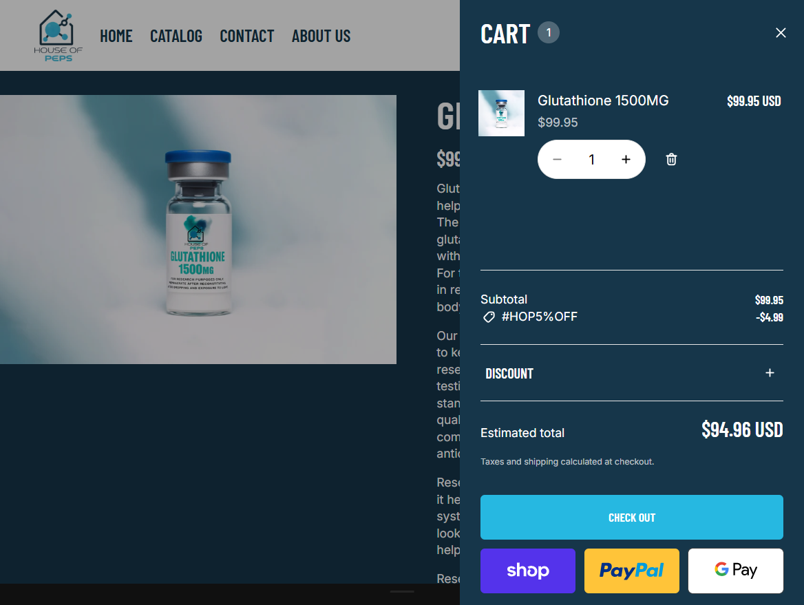 Online shopping cart showing one bottle of glutathione 1500mg supplement, priced at $99.95, with a discount and a total of $94.96 USD, on a website with a menu for home, catalog, contact, about us, and a logo for House of Peps.