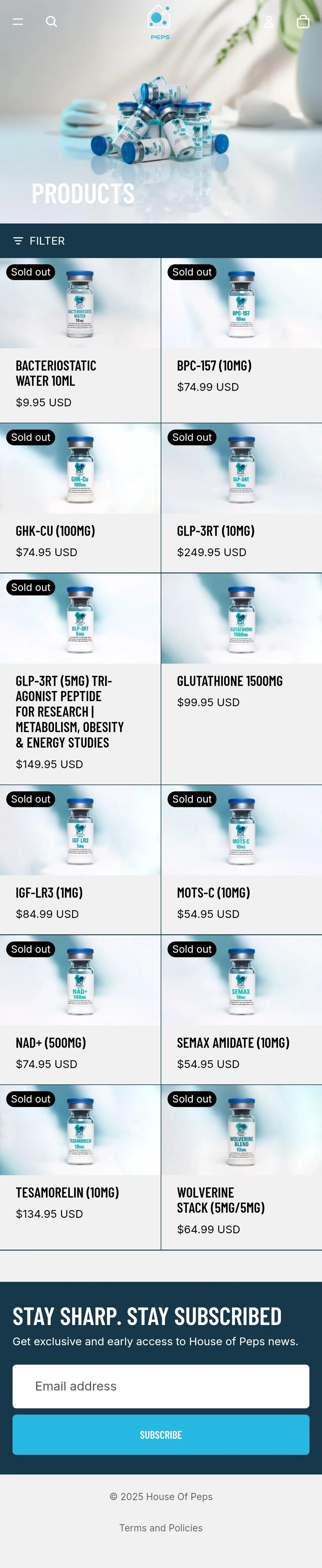 Screenshot of an online store page with various health supplements and medications, some marked as sold out, including bottles labeled for different research and health purposes.