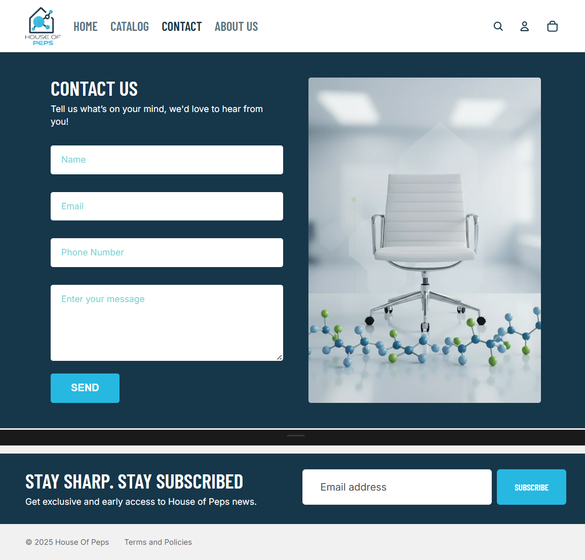 A website contact page for House of Peps featuring a white office chair in a modern, bright office setting with scientific molecular models on the floor, and a contact form on a blue background.