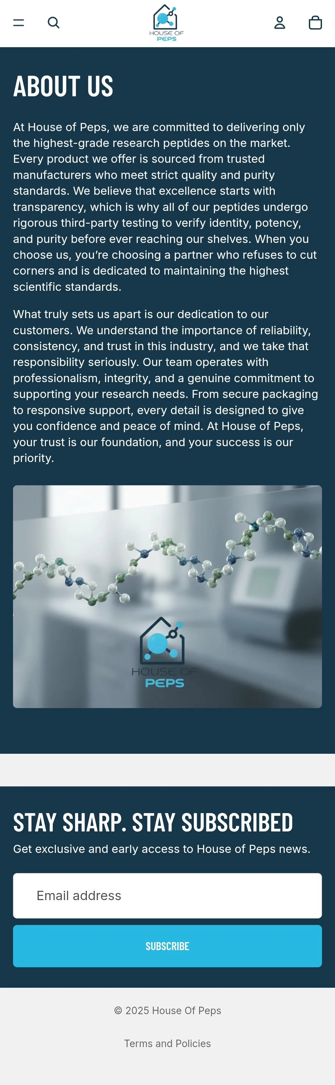 About us page of House of Peps with a molecular structure image and the House of Peps logo.