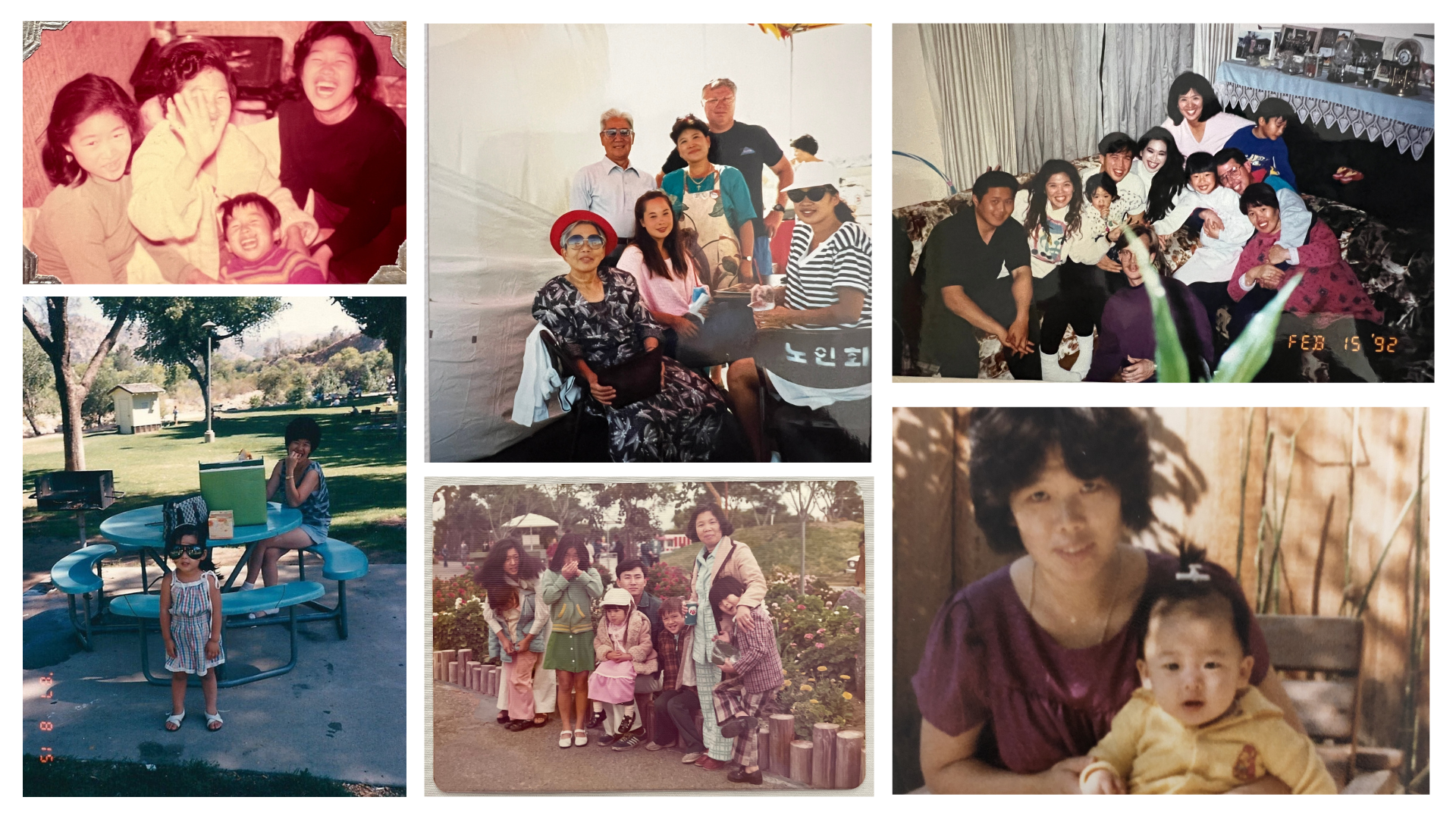 Collage of several family photos featuring children, adults, and elderly individuals during outdoor and indoor events, including park visits, gatherings, and celebrations.