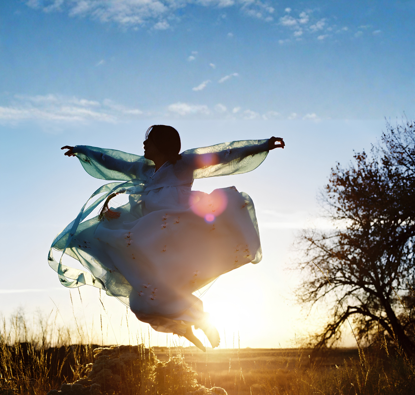 Silhouette of a Hannah wearing traditional clothing jumping in the air during sunset with a tree in the background.
