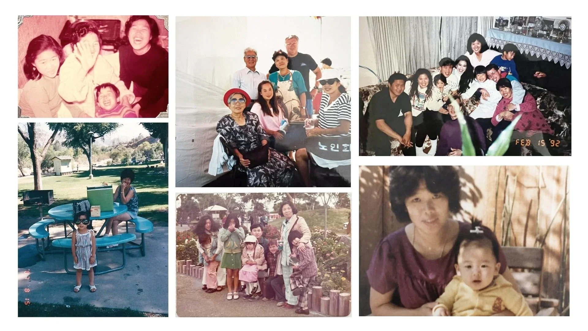 A collage of vintage family photographs showing various groups and individuals enjoying outdoor and indoor settings, including children playing, family gatherings, and portraits from the late 20th century.